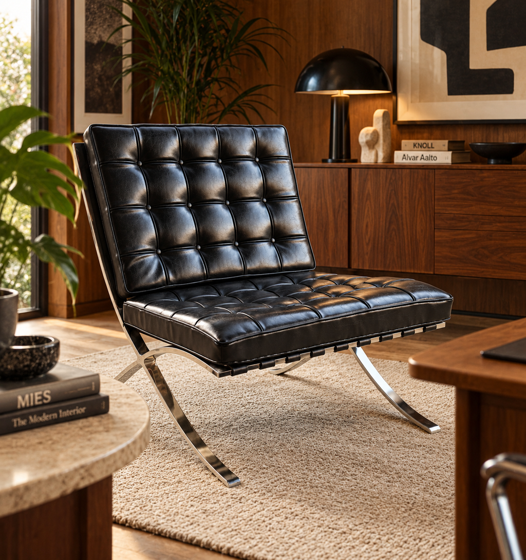 Vintage Mid-Century Barcelona Style Lounge Chair in Black Leather & Chrome, c. 1970s