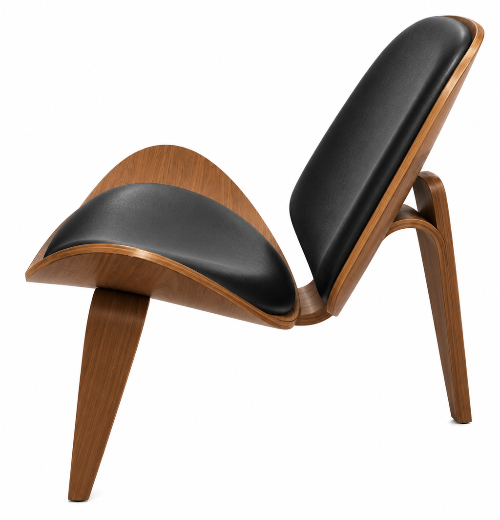 Mid-Century Modern Sculptural Walnut Shell Lounge Chair with Black Upholstery – Wegner Style