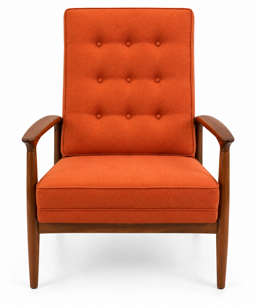 Mid-Century Modern Reclining Lounge Chair – Sculpted Wood Frame & Orange Upholstery