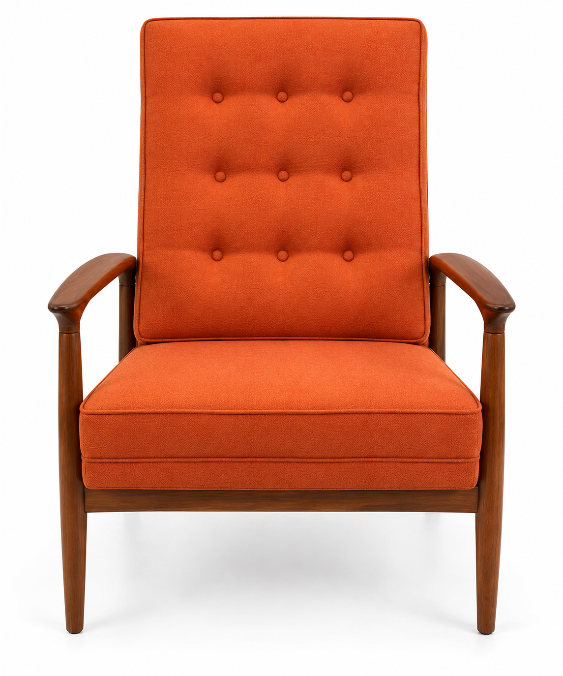 Mid-Century Modern Reclining Lounge Chair – Sculpted Wood Frame & Orange Upholstery
