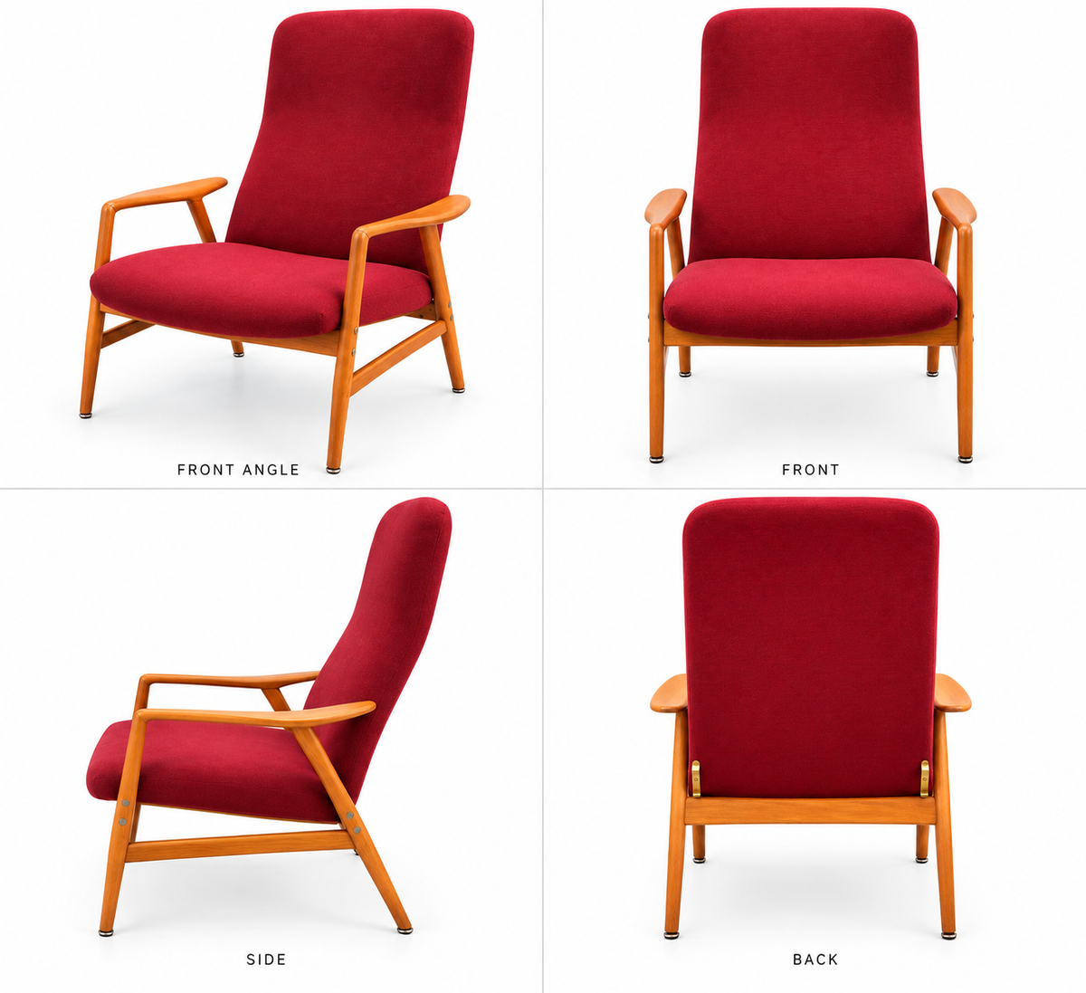 Mid-Century swedish Modern Oak Reclining Lounge Chair with Original Red Upholstery, c. 1960s
