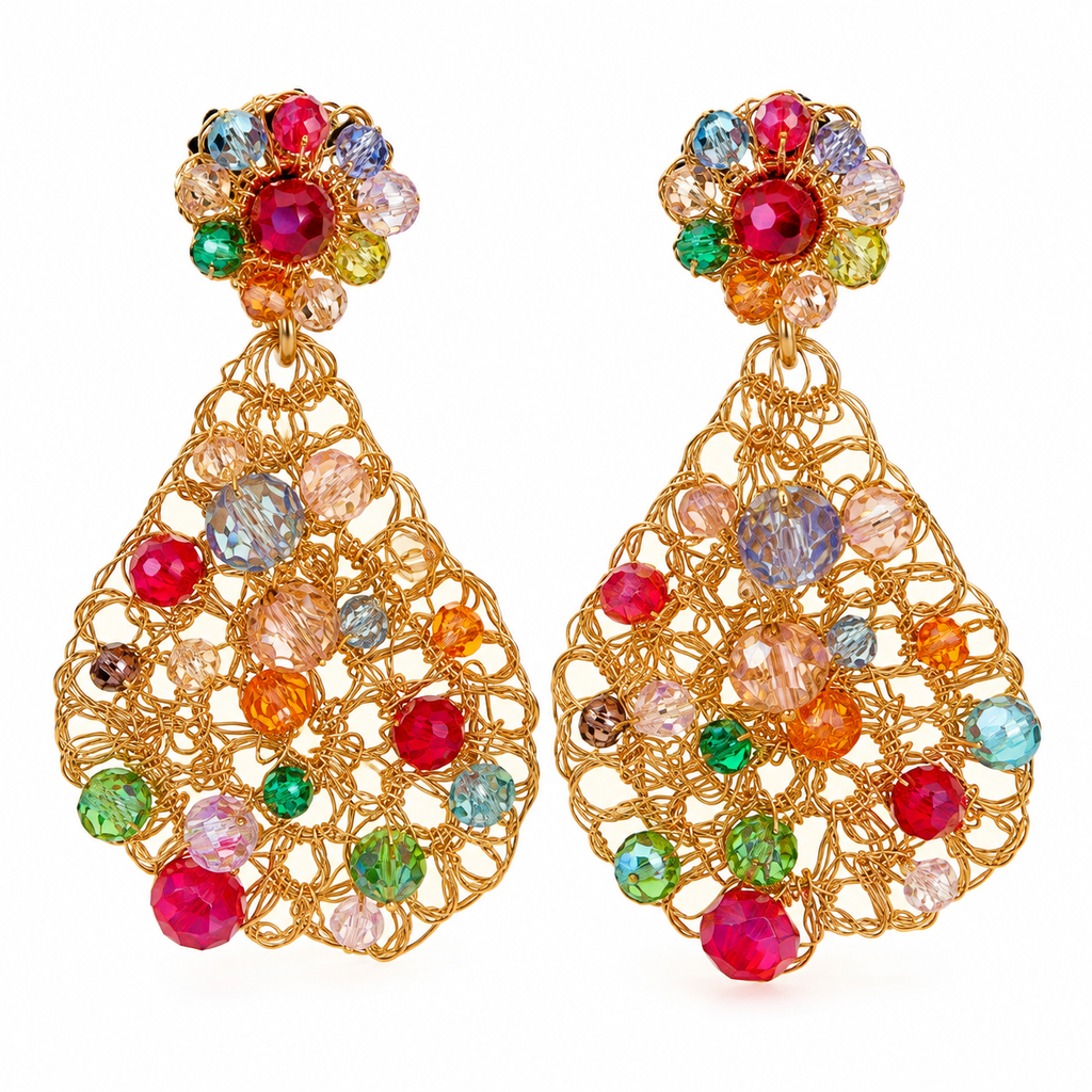 Handmade Gold-Filled Copper & Multicolor Crystal Statement Earrings