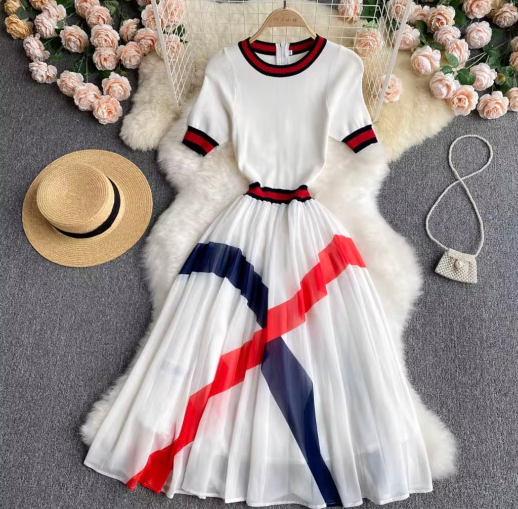 Women’s Pleated Chiffon Summer Midi Dress – White, Red & Navy Blue