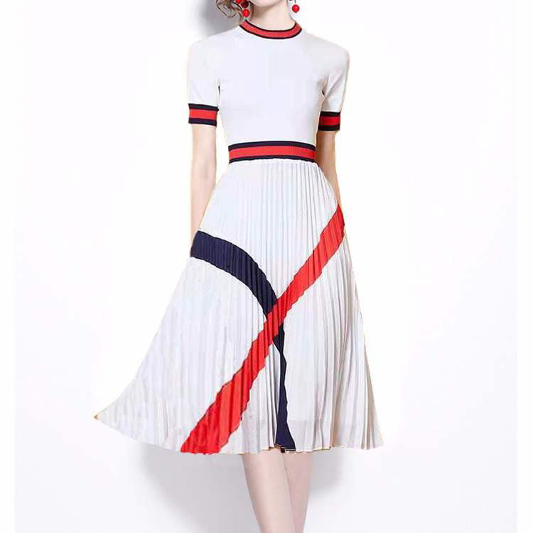 Women’s Pleated Chiffon Summer Midi Dress – White, Red & Navy Blue