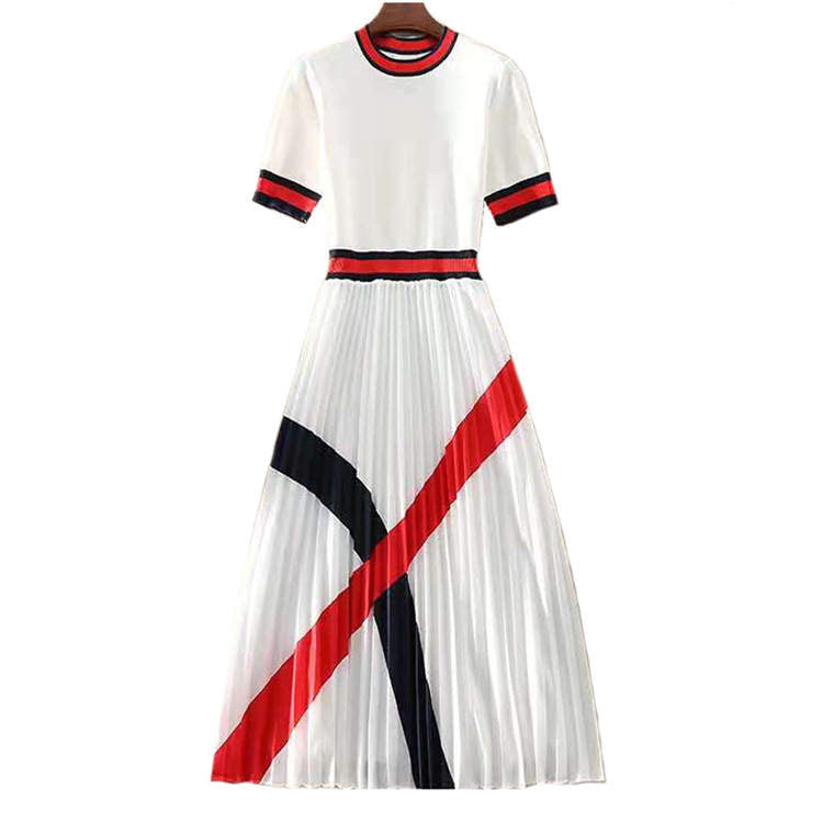 Women’s Pleated Chiffon Summer Midi Dress – White, Red & Navy Blue