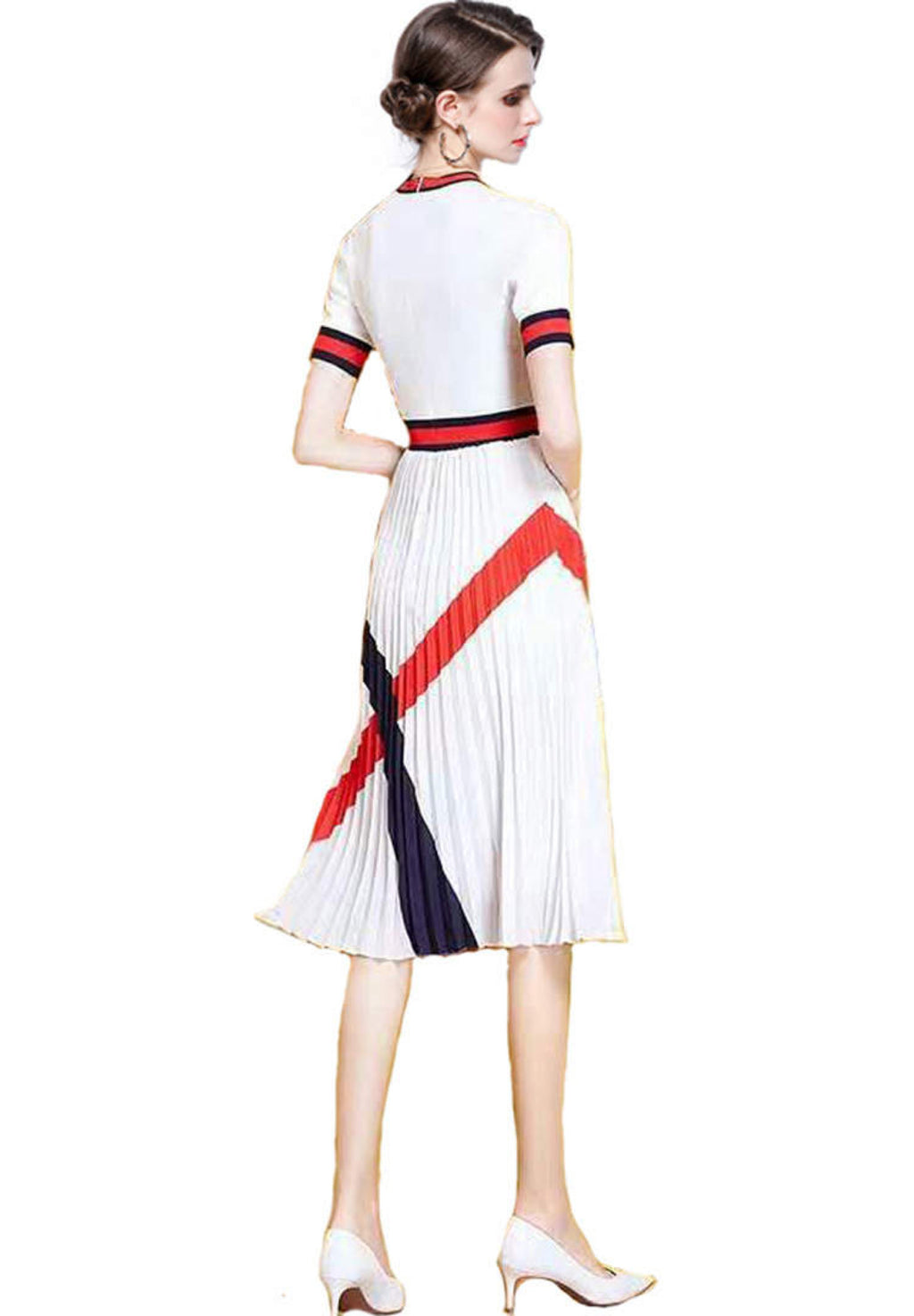 Women’s Pleated Chiffon Summer Midi Dress – White, Red & Navy Blue