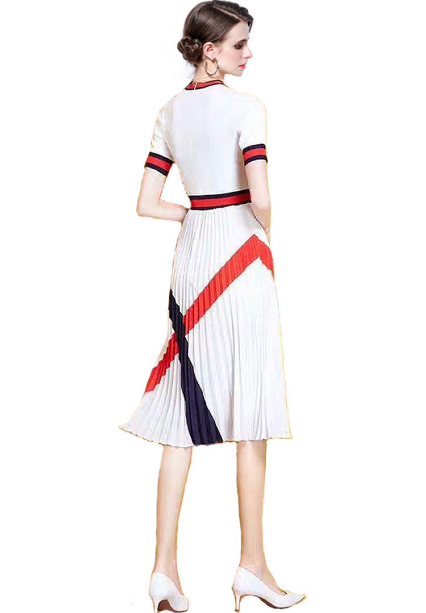Women’s Pleated Chiffon Summer Midi Dress – White, Red & Navy Blue