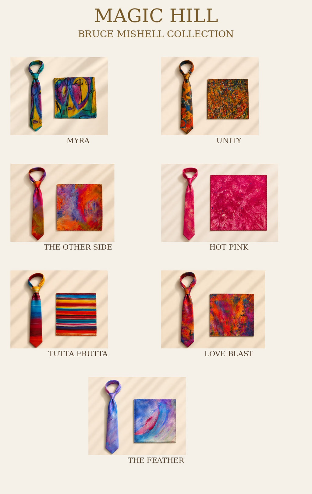 Bruce Mishell Art 100% Mulberry Silk Tie & Pocket Square Collection – 7 Exclusive Designs