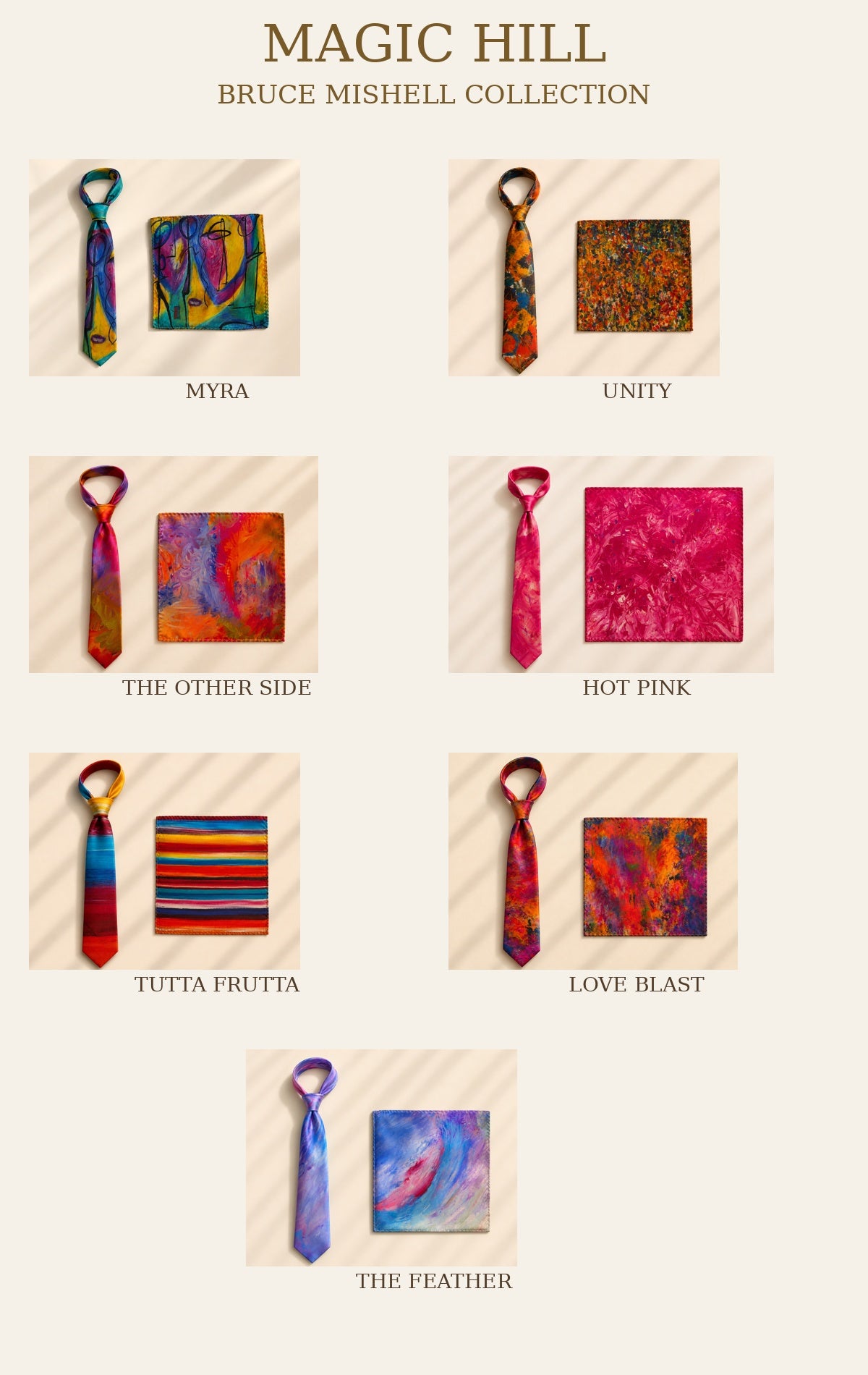 Bruce Mishell Art 100% Mulberry Silk Tie & Pocket Square Collection – 7 Exclusive Designs