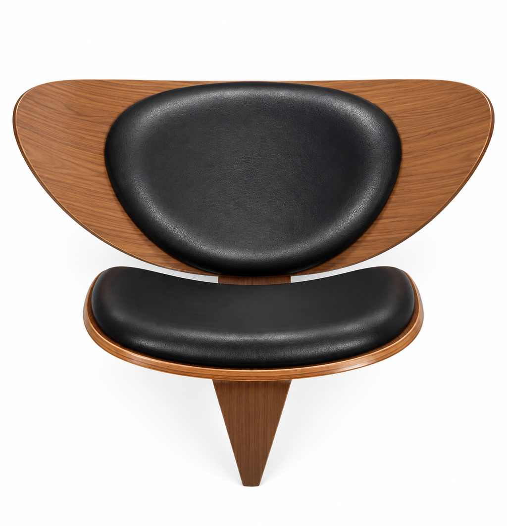 Mid-Century Modern Sculptural Walnut Shell Lounge Chair with Black Upholstery – Wegner Style