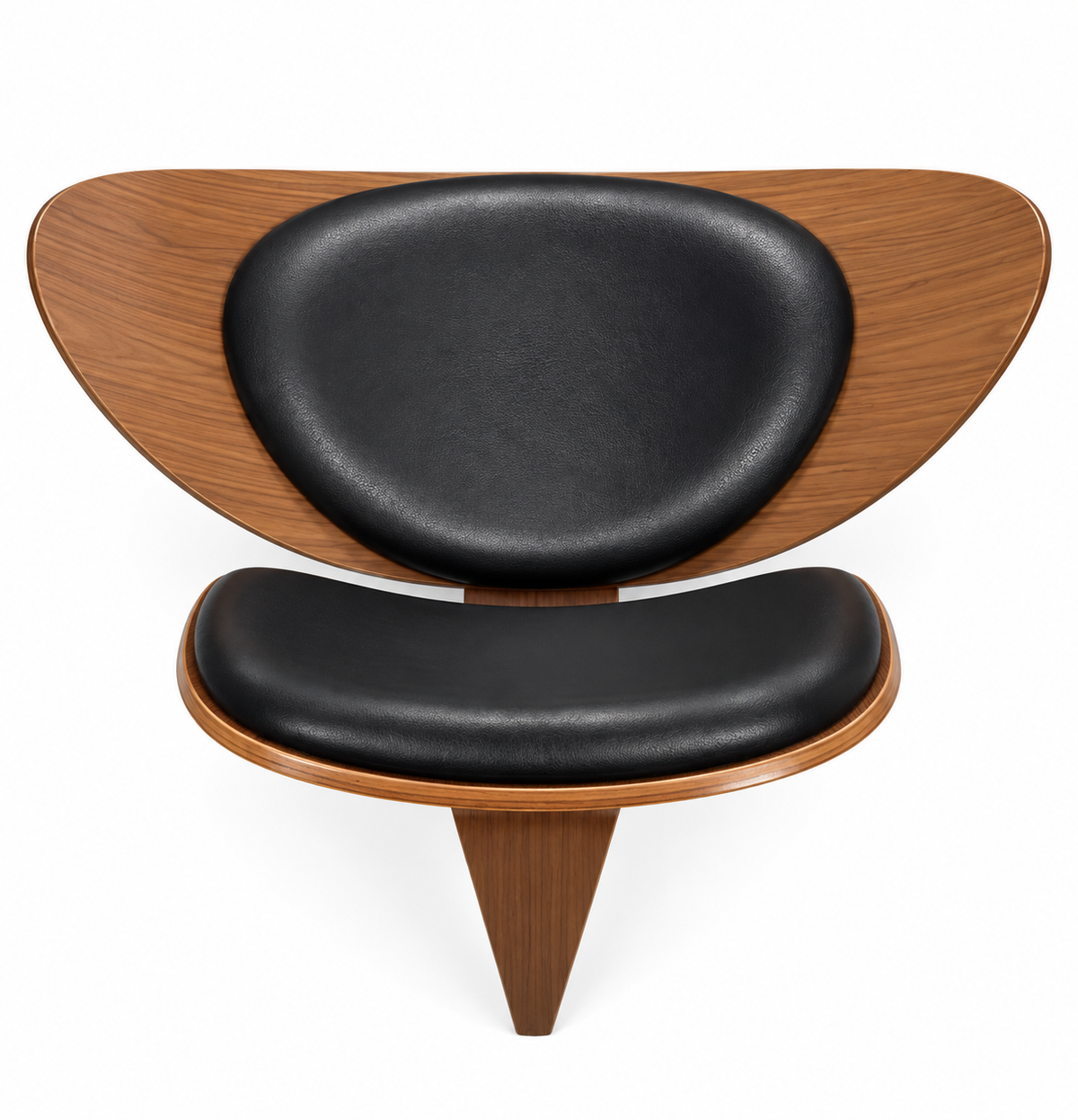 Mid-Century Modern Sculptural Walnut Shell Lounge Chair with Black Upholstery – Wegner Style