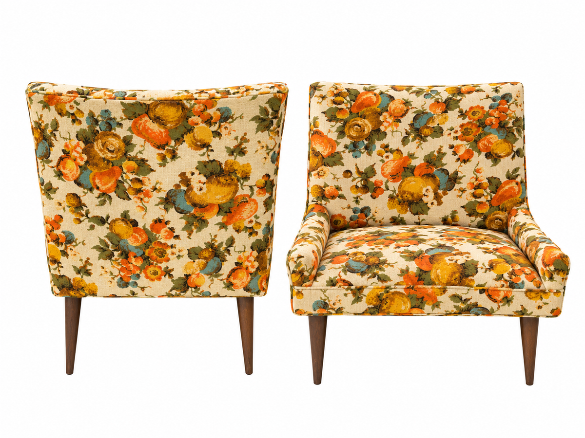 Pair of Mid-Century Modern Floral Lounge Chairs with Tapered Walnut Legs, 1960s
