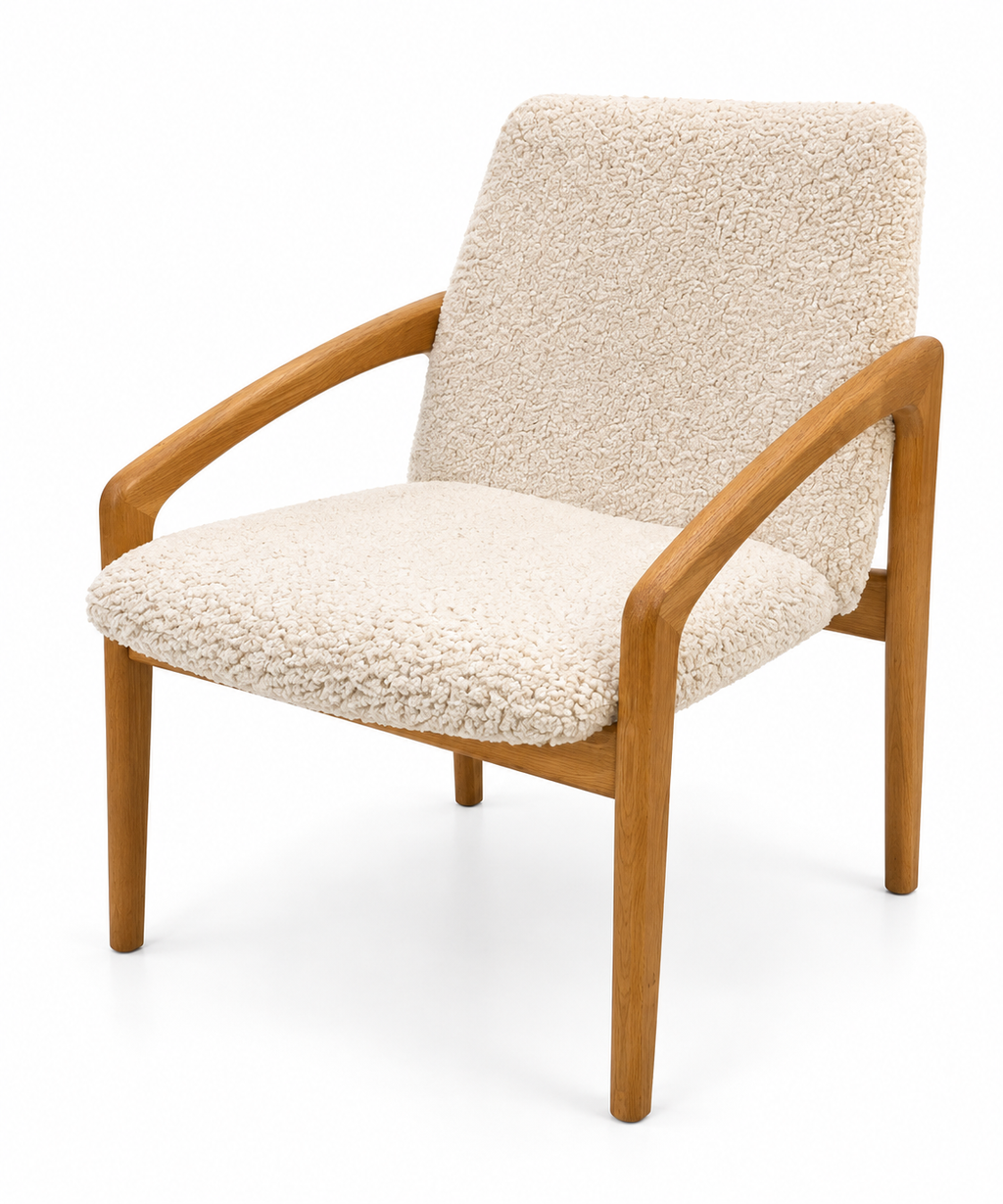 Pair of Authentic 1960s Mid-Century Scandinavian Oak Lounge Chairs – New Cream Bouclé Upholstery