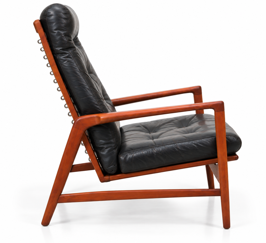 Mid-Century Ib Kofod-Larsen for Selig Danish Modern Teak High-Back Lounge Chair – Original Black Leather, 1960s