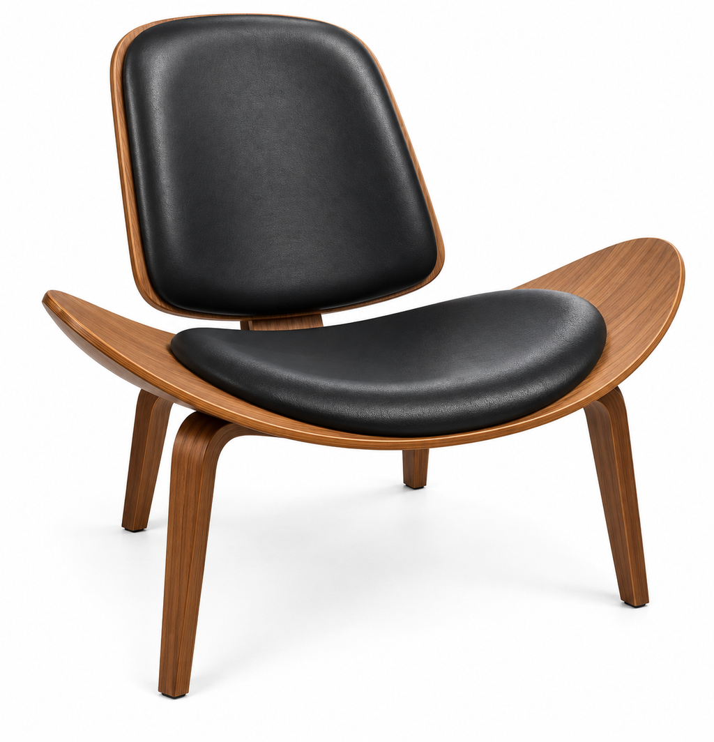 Mid-Century Modern Sculptural Walnut Shell Lounge Chair with Black Upholstery – Wegner Style