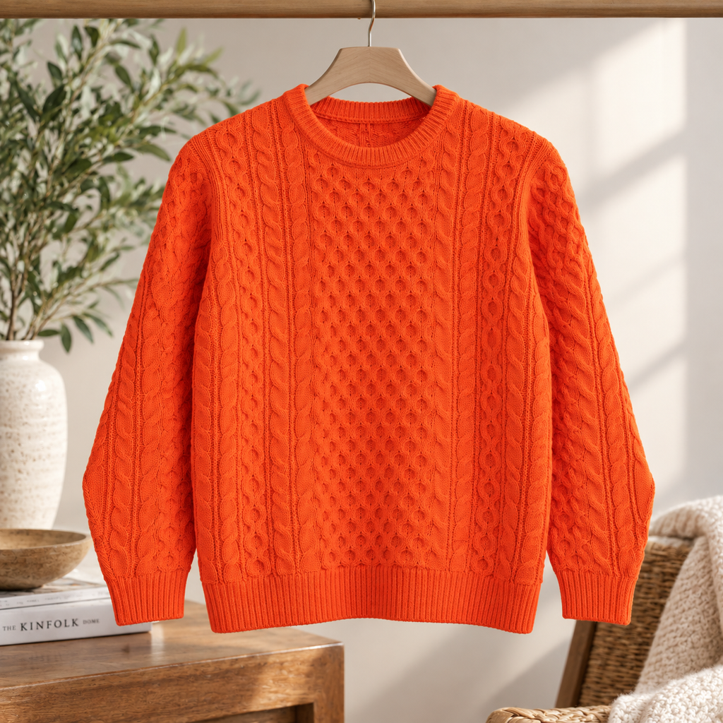 Unisex Luxury Pima Cotton Cable Knit Sweater – Vibrant Orange | Fall & Winter Collection