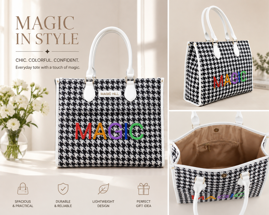 MAGIC HILL™ Houndstooth Vegan Leather Tote Bag – Multicolor MAGIC Designer Handbag