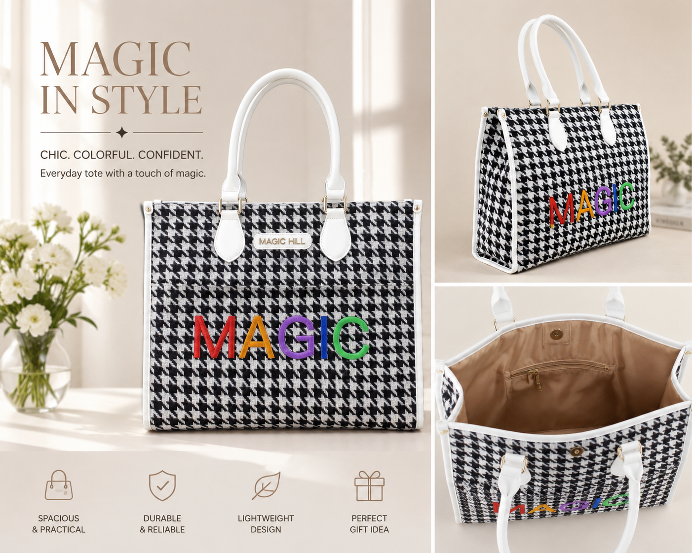 MAGIC HILL™ Houndstooth Vegan Leather Tote Bag – Multicolor MAGIC Designer Handbag