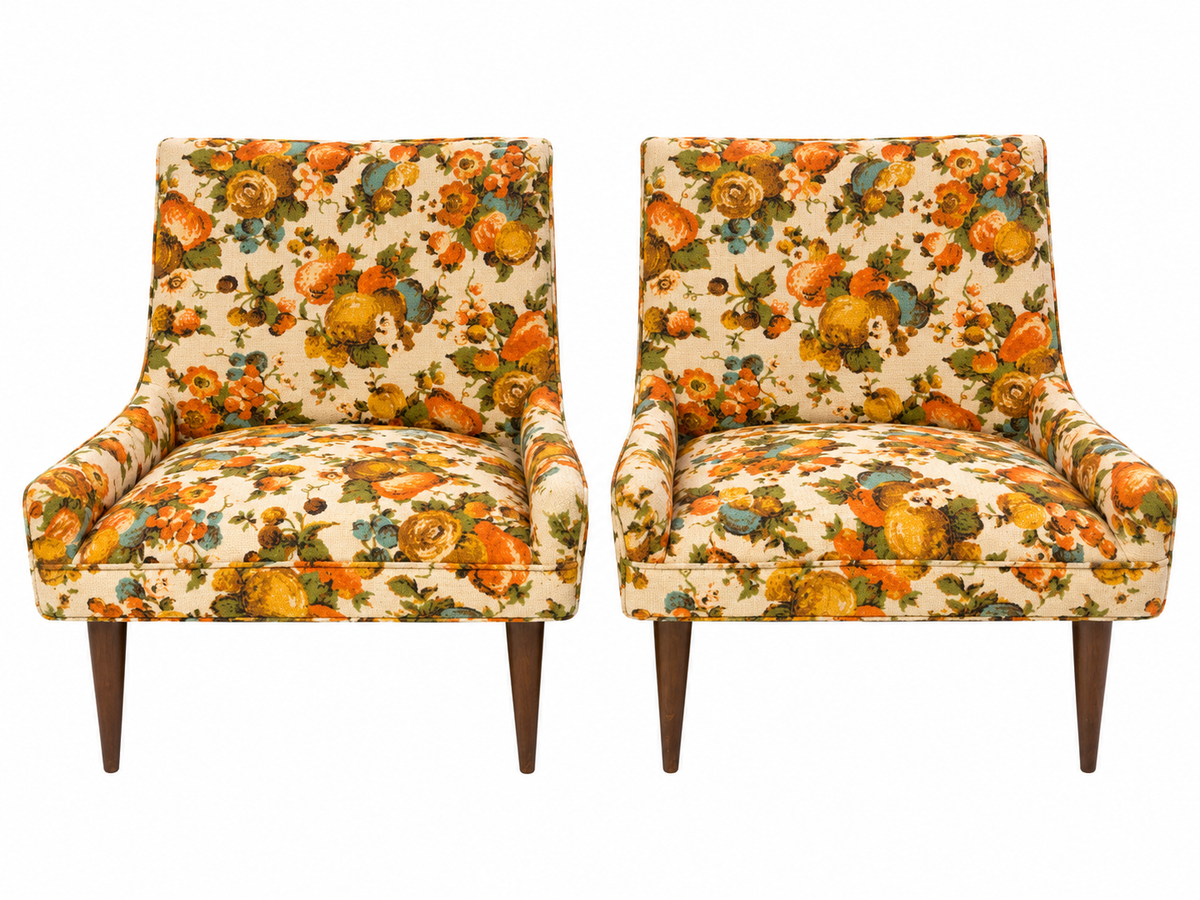 Pair of Mid-Century Modern Floral Lounge Chairs with Tapered Walnut Legs, 1960s