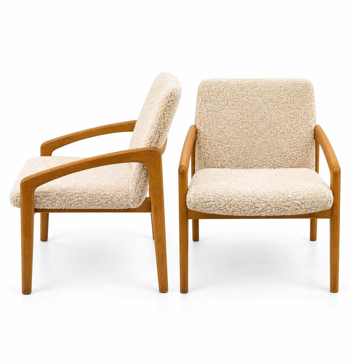 Pair of Authentic 1960s Mid-Century Scandinavian Oak Lounge Chairs – New Cream Bouclé Upholstery