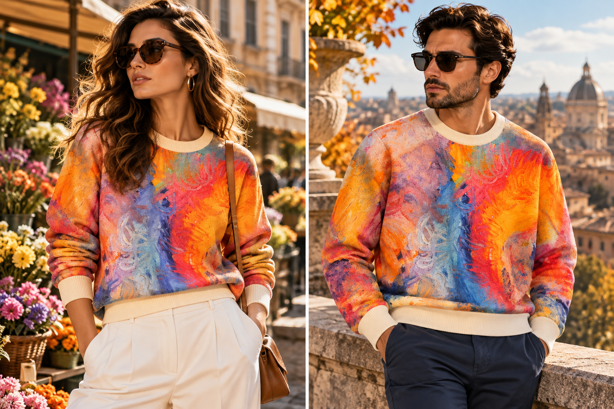 Bruce Mishell Art Collection – 100% Pima Cotton Abstract Print Sweater | Multicolor