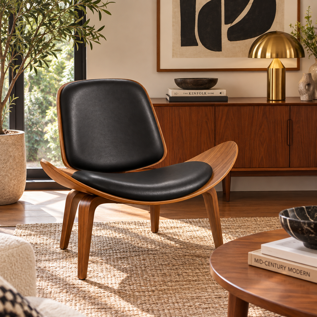 Mid-Century Modern Sculptural Walnut Shell Lounge Chair with Black Upholstery – Wegner Style