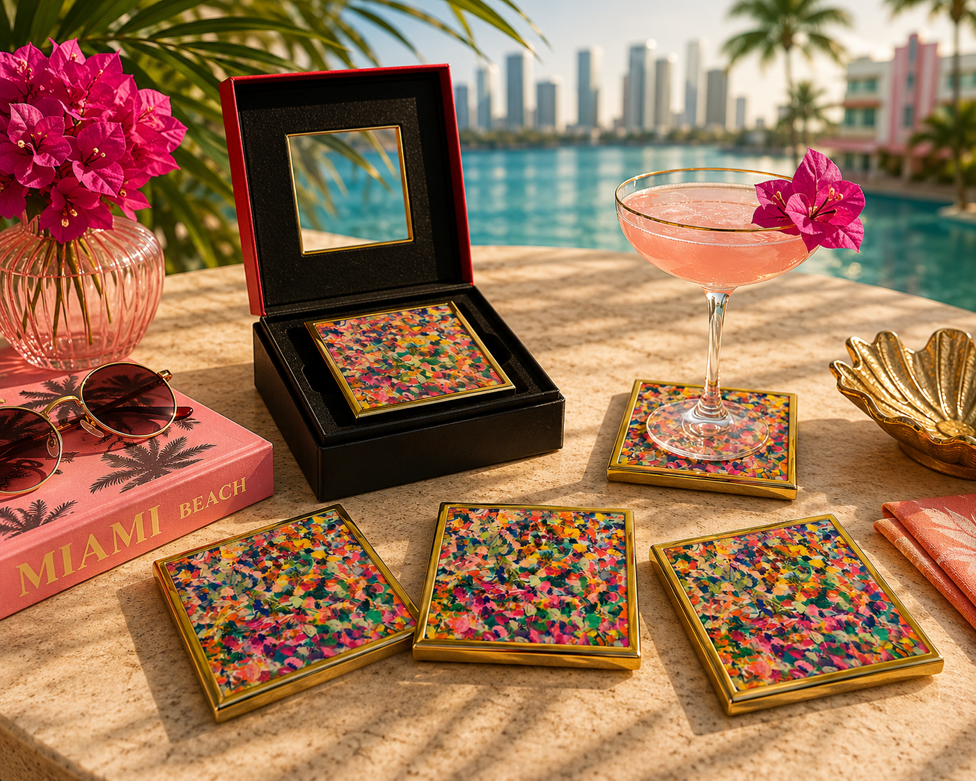 Bruce Mishell Art Coaster Set – 4 Ceramic Brass-Trim Coasters in Gift Box (Copy)