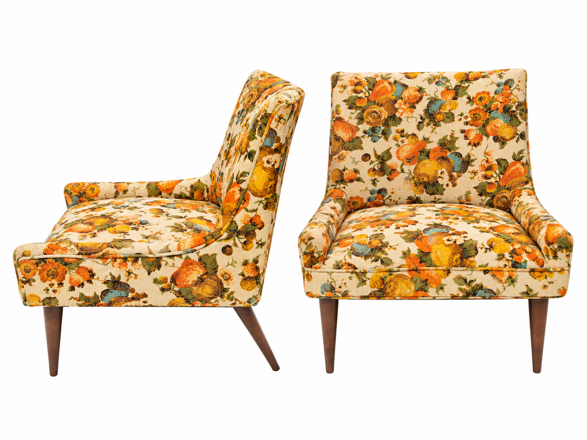 Pair of Mid-Century Modern Floral Lounge Chairs with Tapered Walnut Legs, 1960s