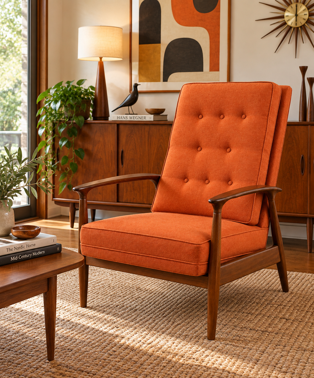 Mid-Century Modern Reclining Lounge Chair – Sculpted Wood Frame & Orange Upholstery