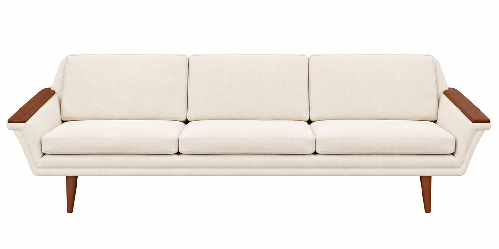Vintage Mid-Century Modern Three-Seat Sofa with Cream Upholstery & Sculptural Walnut Arms – 1960s