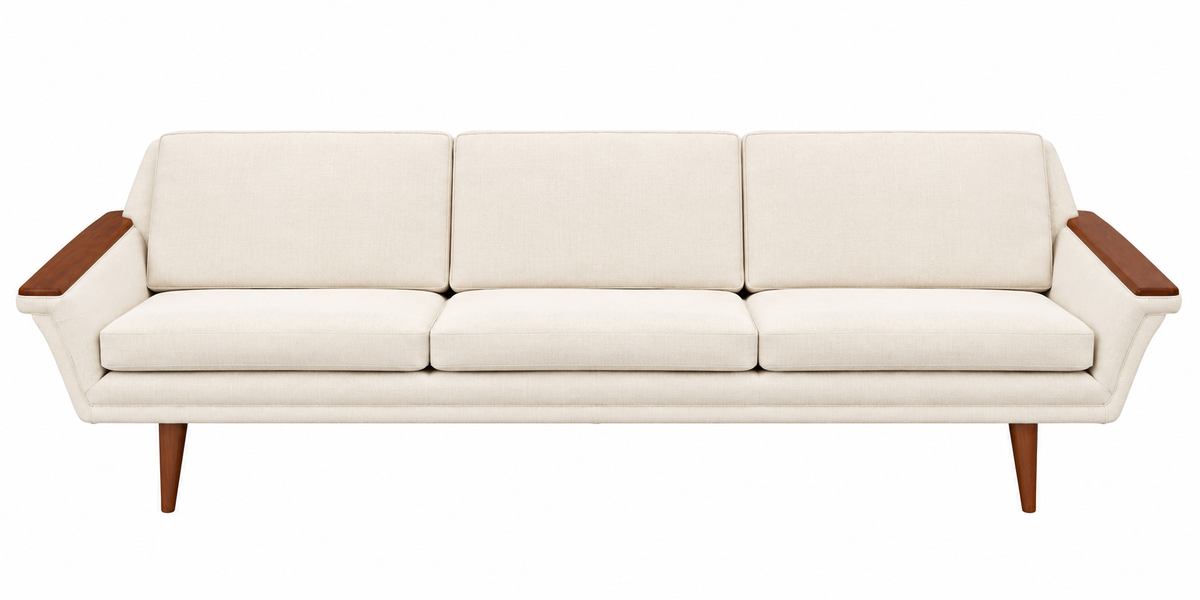 Vintage Mid-Century Modern Three-Seat Sofa with Cream Upholstery & Sculptural Walnut Arms – 1960s