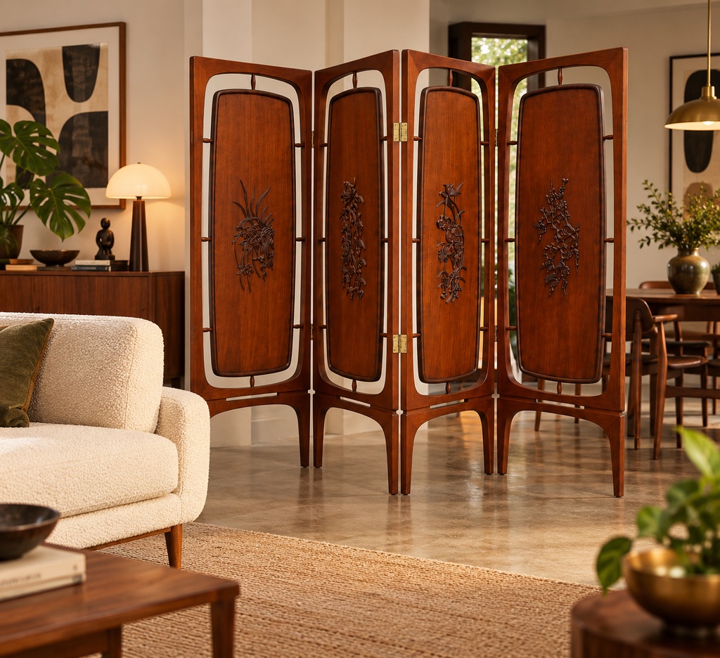 Vintage 1960s Mid-Century Modern Four-Panel Carved Rosewood Folding Screen / Room Divider