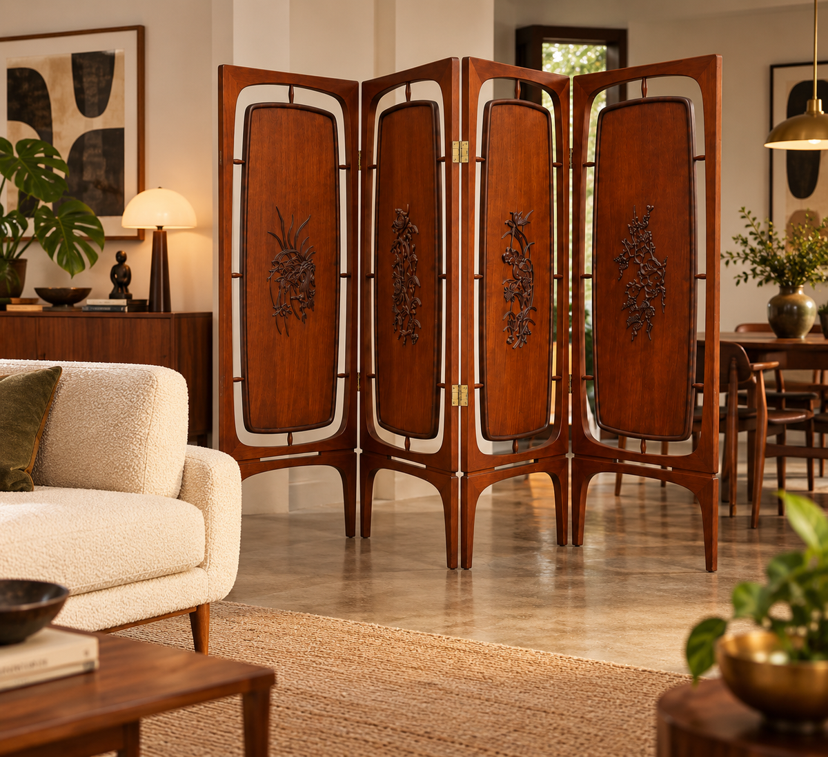 Vintage 1960s Mid-Century Modern Four-Panel Carved Rosewood Folding Screen / Room Divider