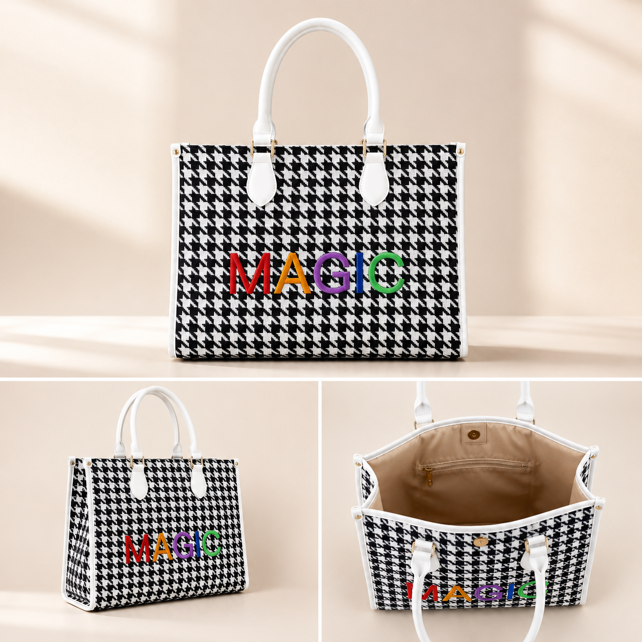 MAGIC HILL™ Houndstooth Vegan Leather Tote Bag – Multicolor MAGIC Designer Handbag