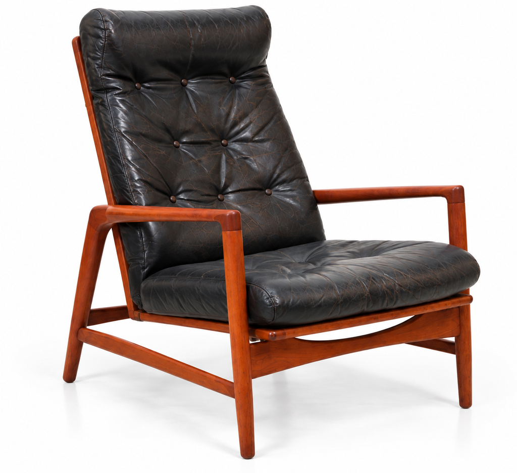 Mid-Century Ib Kofod-Larsen for Selig Danish Modern Teak High-Back Lounge Chair – Original Black Leather, 1960s