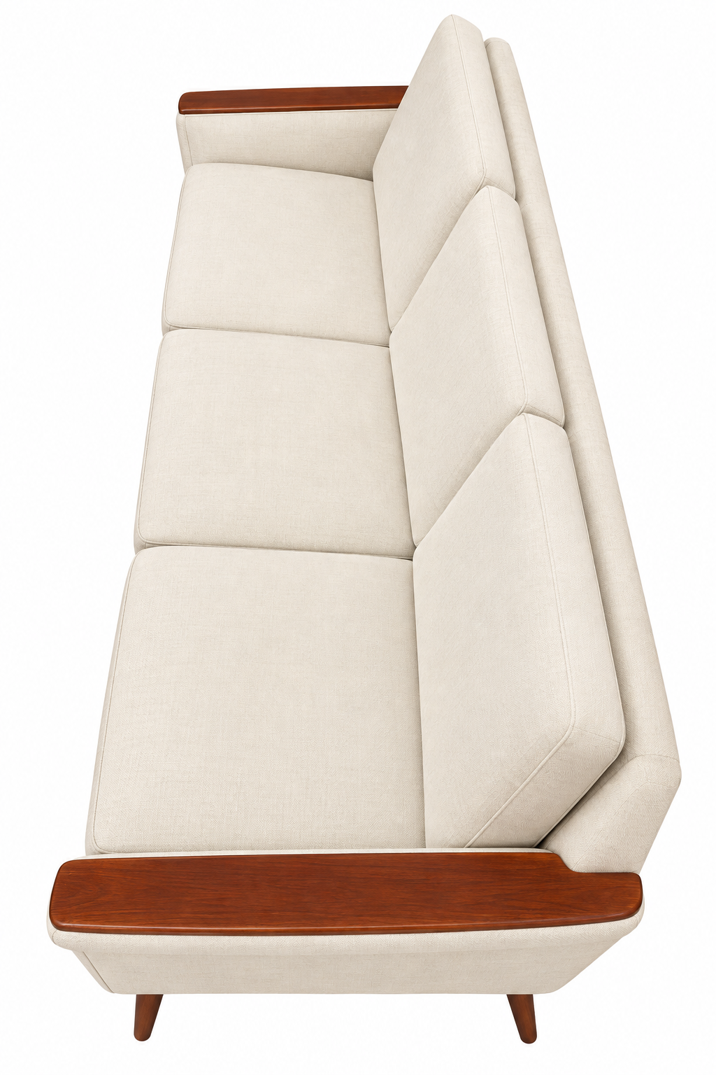 Vintage Mid-Century Modern Three-Seat Sofa with Cream Upholstery & Sculptural Walnut Arms – 1960s