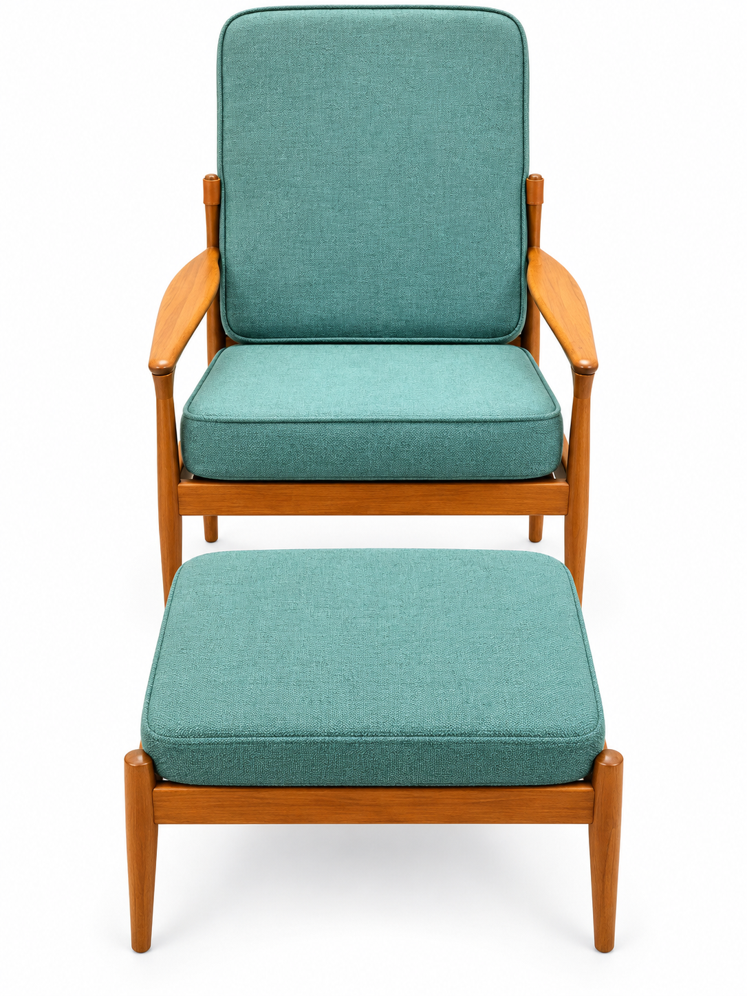 Mid-Century Scandinavian Reclining Lounge Chair & Ottoman, Oak, Original Green Upholstery, c. 1960s