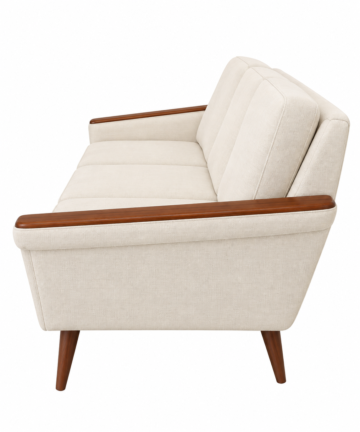 Vintage Mid-Century Modern Three-Seat Sofa with Cream Upholstery & Sculptural Walnut Arms – 1960s