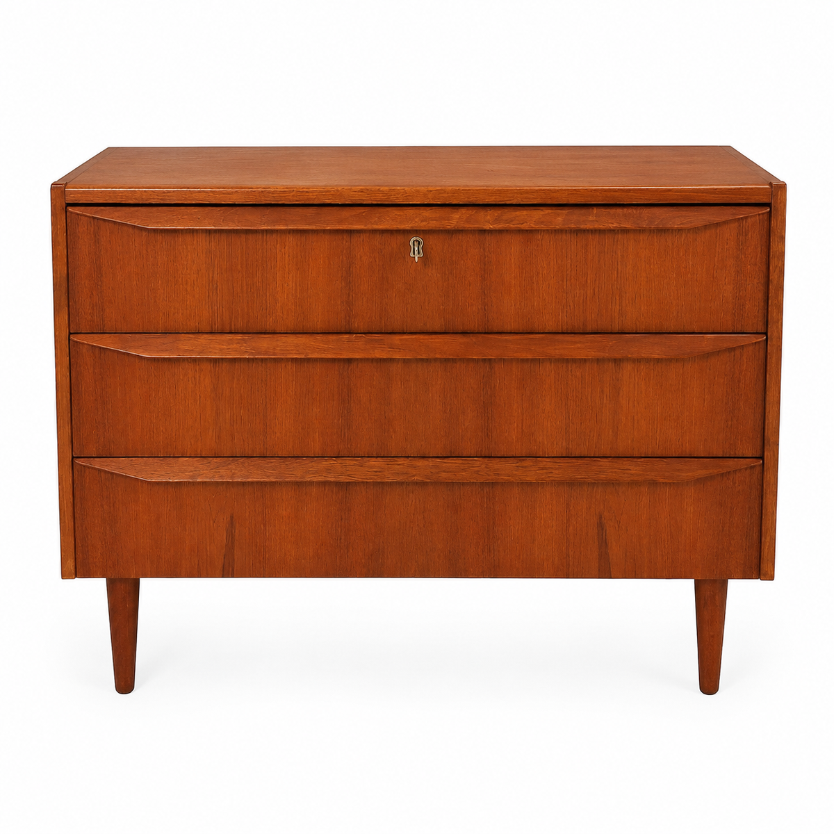 Mid Century Modern Teak Dresser: Danish 3-Drawer Low Chest with Key
