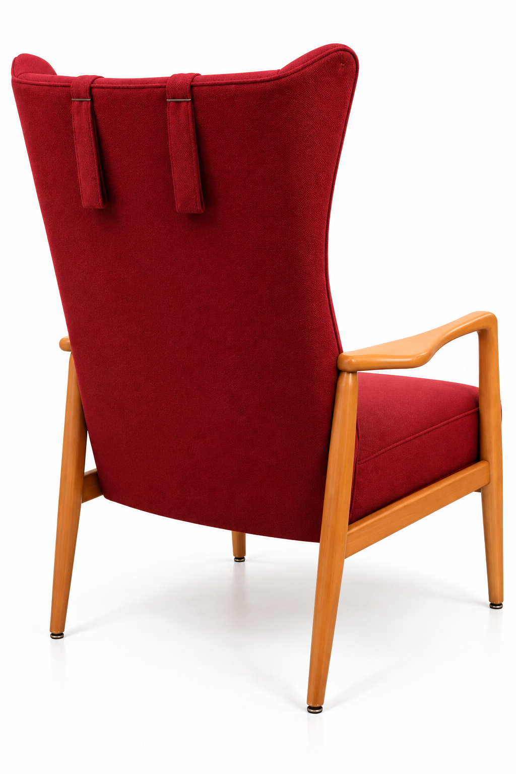 Mid-Century 1960s Scandinavian Modern High-Back Wing Lounge Chair – Original Red Upholstery & Sculpted Wood Arms
