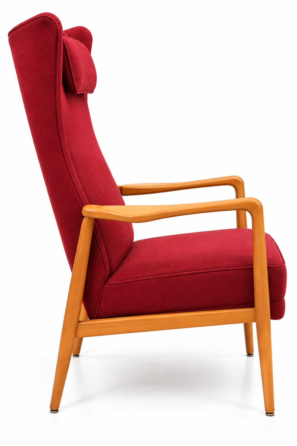 Mid-Century 1960s Scandinavian Modern High-Back Wing Lounge Chair – Original Red Upholstery & Sculpted Wood Arms
