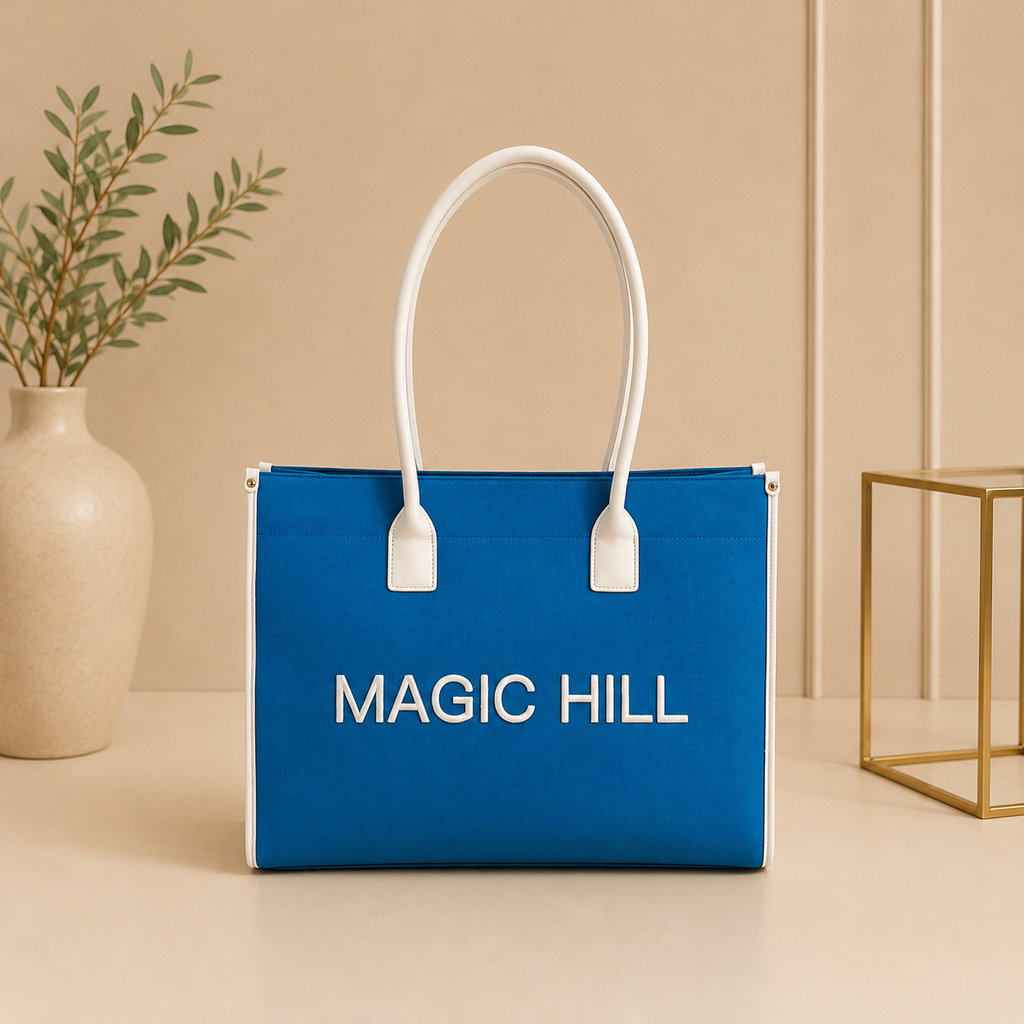 MAGIC HILL™ Bright Blue Canvas Tote Bag – Leather Handles & Silk-Lined Interior