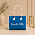 MAGIC HILL™ Bright Blue Canvas Tote Bag – Leather Handles & Silk-Lined Interior