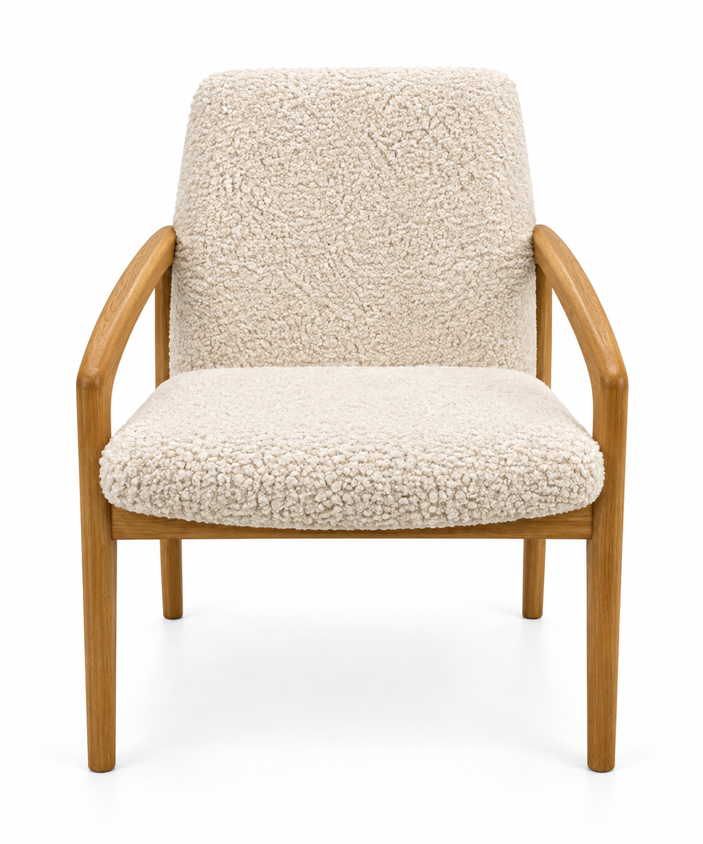 Pair of Authentic 1960s Mid-Century Scandinavian Oak Lounge Chairs – New Cream Bouclé Upholstery