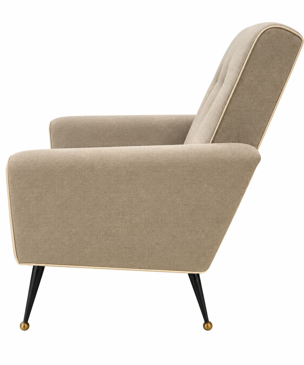 Italian Mid-Century Modern Lounge Chair – Gray Wool Upholstery & White Leather Piping, 1960s