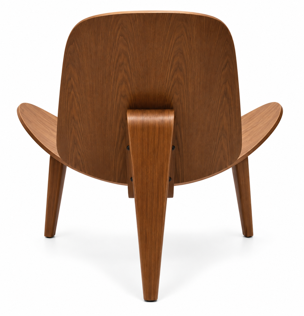 Mid-Century Modern Sculptural Walnut Shell Lounge Chair with Black Upholstery – Wegner Style