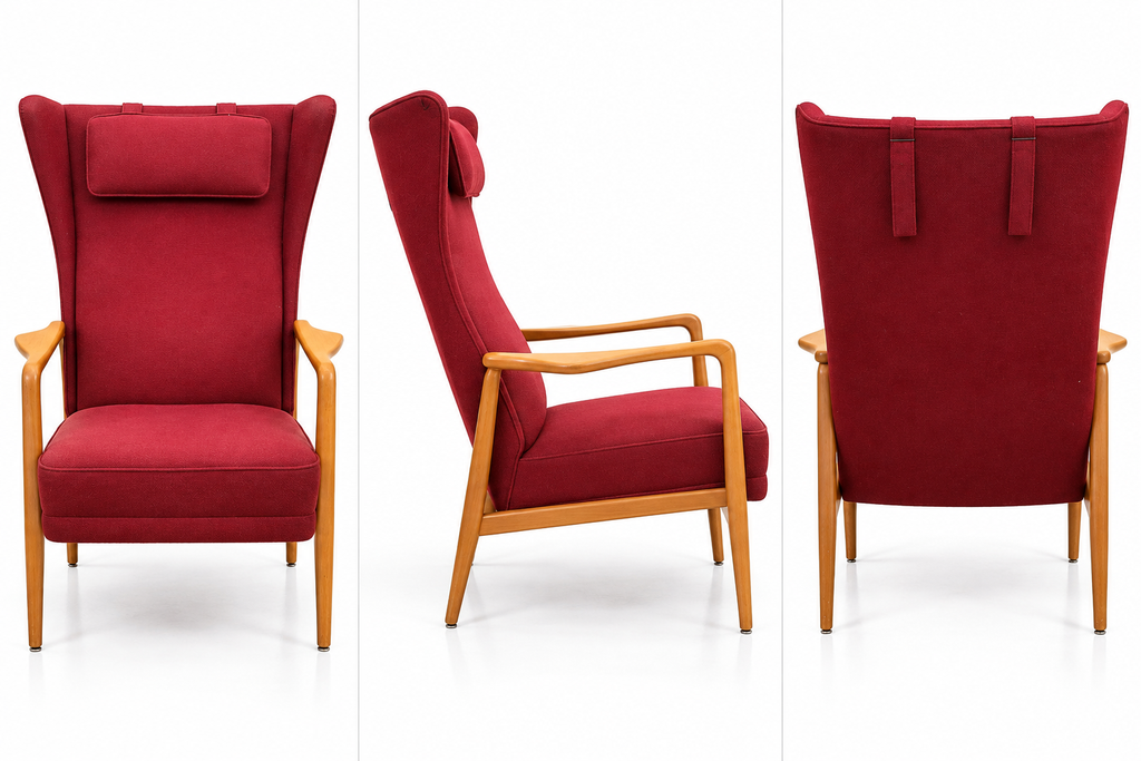Mid-Century 1960s Scandinavian Modern High-Back Wing Lounge Chair – Original Red Upholstery & Sculpted Wood Arms