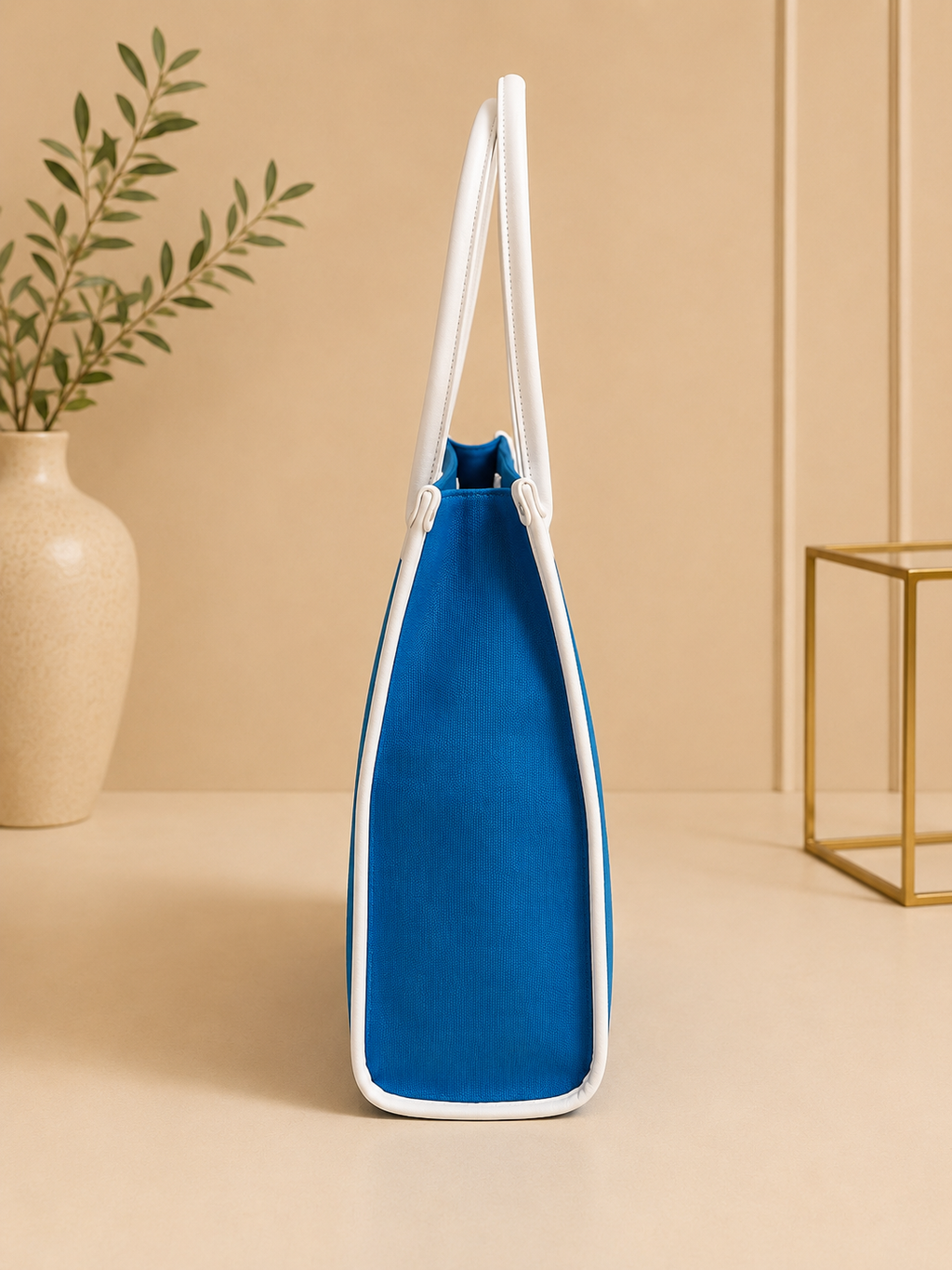 MAGIC HILL™ Bright Blue Canvas Tote Bag – Leather Handles & Silk-Lined Interior
