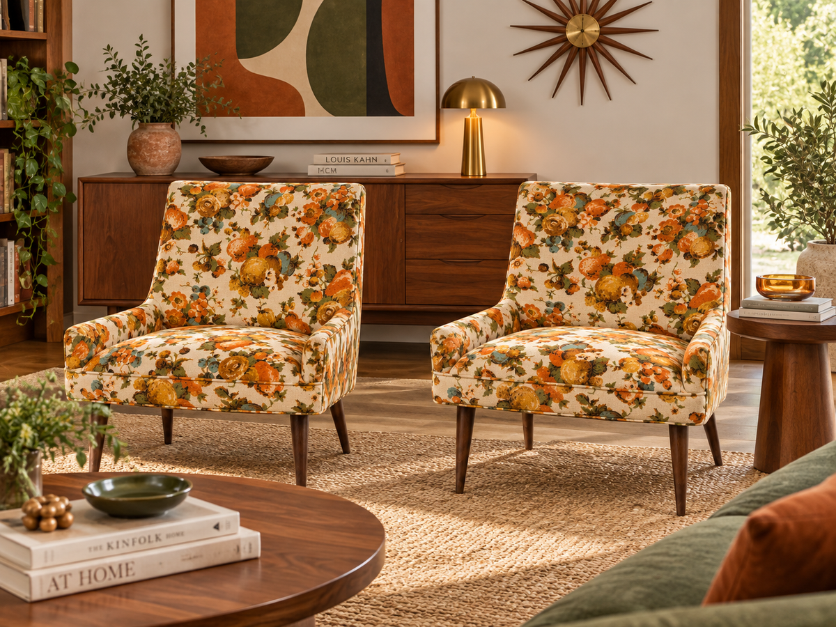 Pair of Mid-Century Modern Floral Lounge Chairs with Tapered Walnut Legs, 1960s