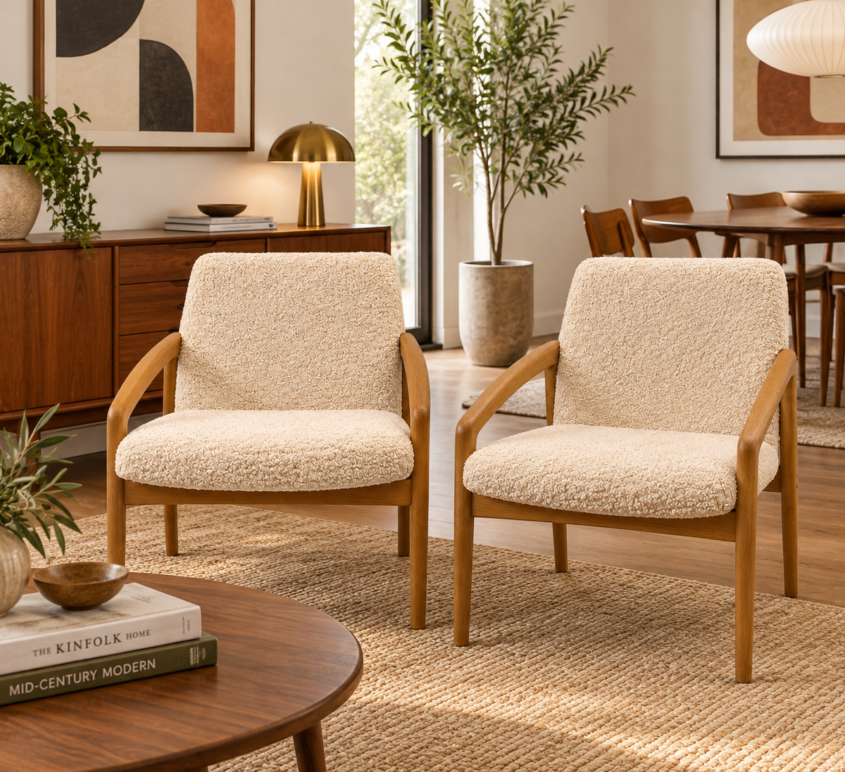 Pair of Authentic 1960s Mid-Century Scandinavian Oak Lounge Chairs – New Cream Bouclé Upholstery